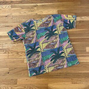 Vintage 80s/90s Ken Done Art & Design Palm Tree Pool Mesh Beach Shirt - Large